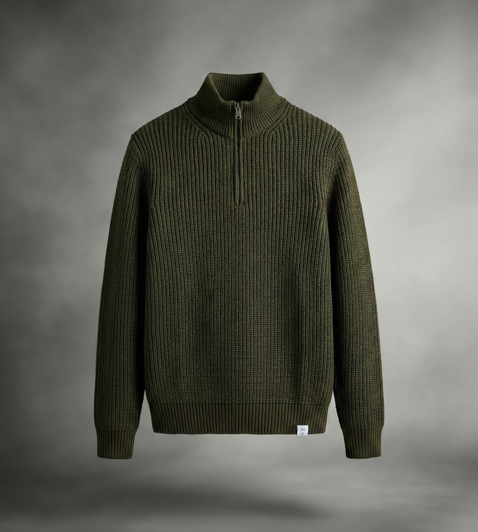 Yarım Fermuarlı Siyah Dik Yaka Kalın Fitilli Erkek Triko Kazak Haki