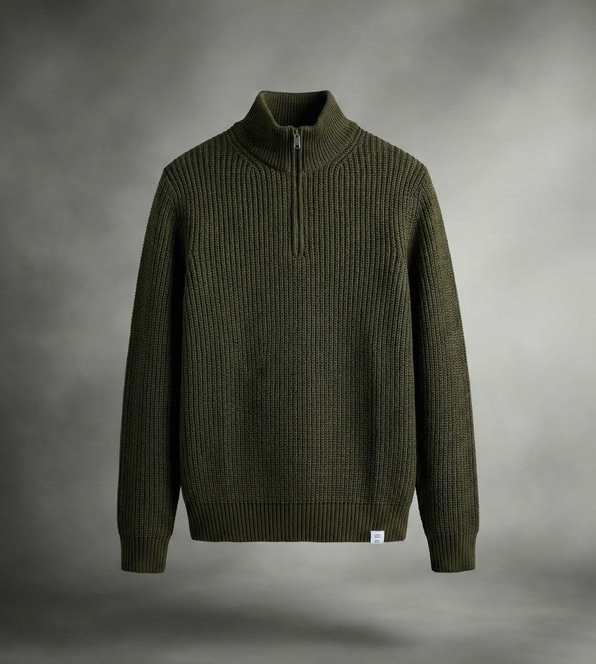 Yarım Fermuarlı Siyah Dik Yaka Kalın Fitilli Erkek Triko Kazak Haki