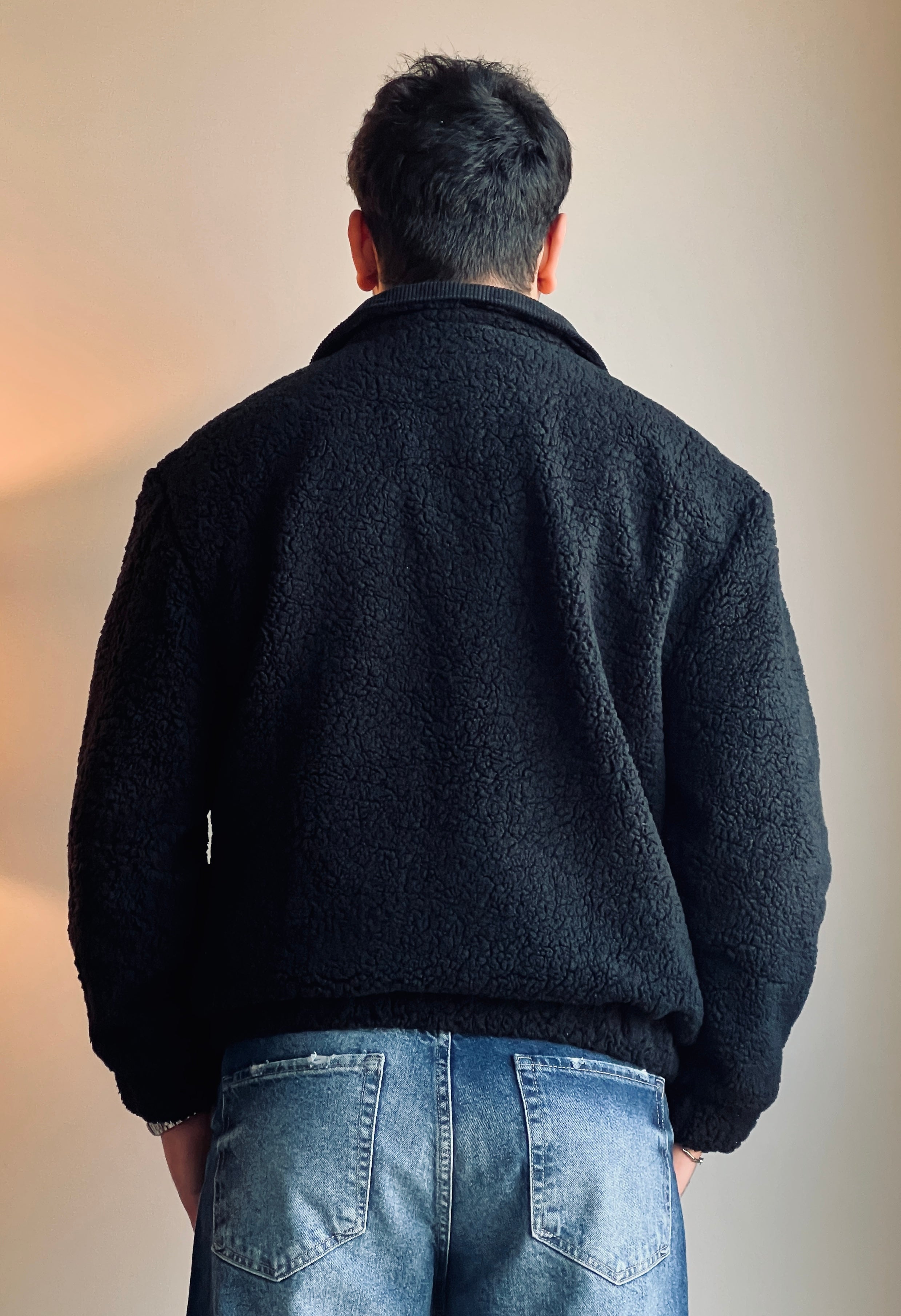 Siyah Peluş (Teddy) ve Kadife Detaylı Klasik Yaka Erkek Mont Ceket