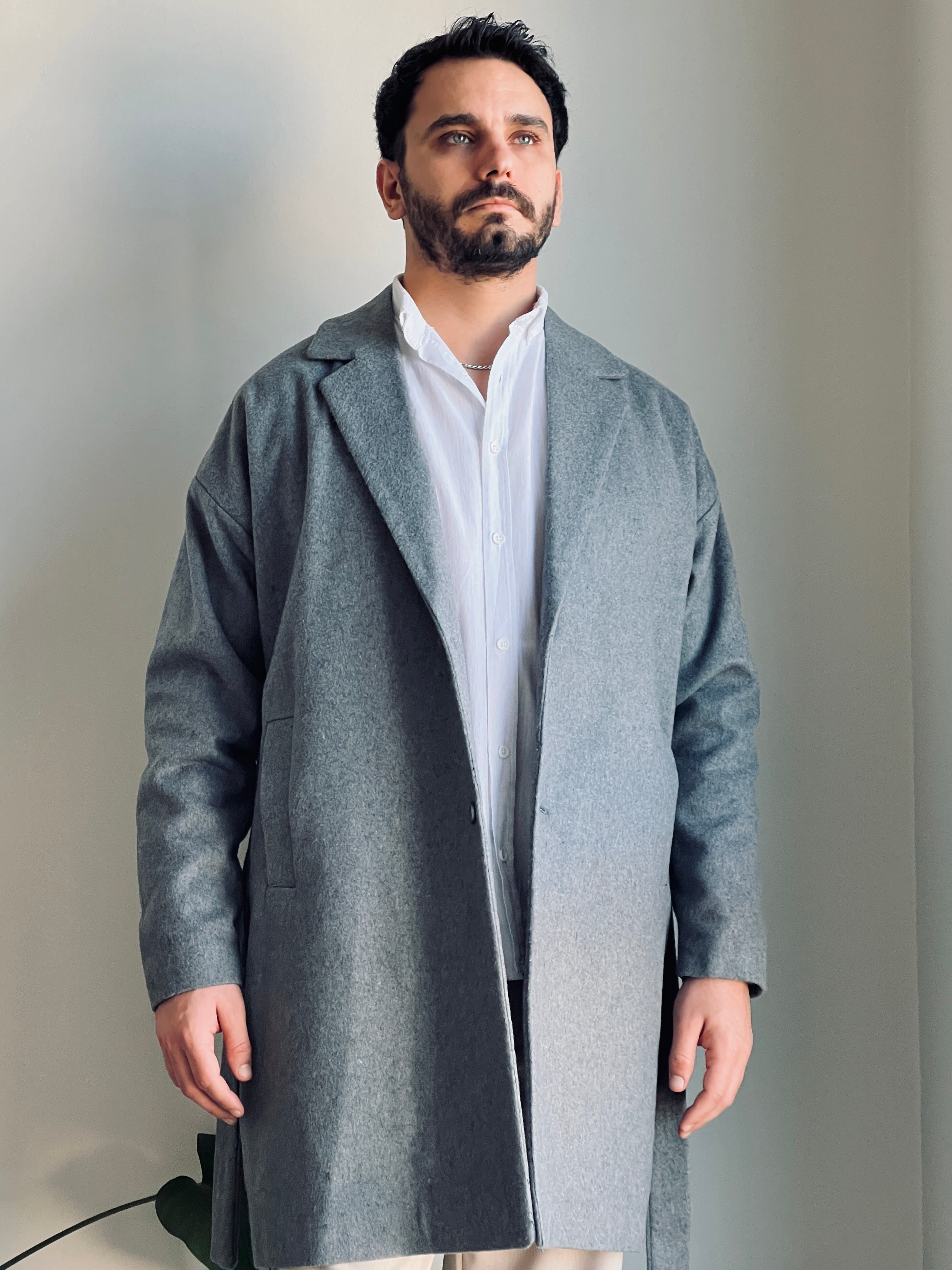 Kemerli Oversize Kaşe Kaban Gri