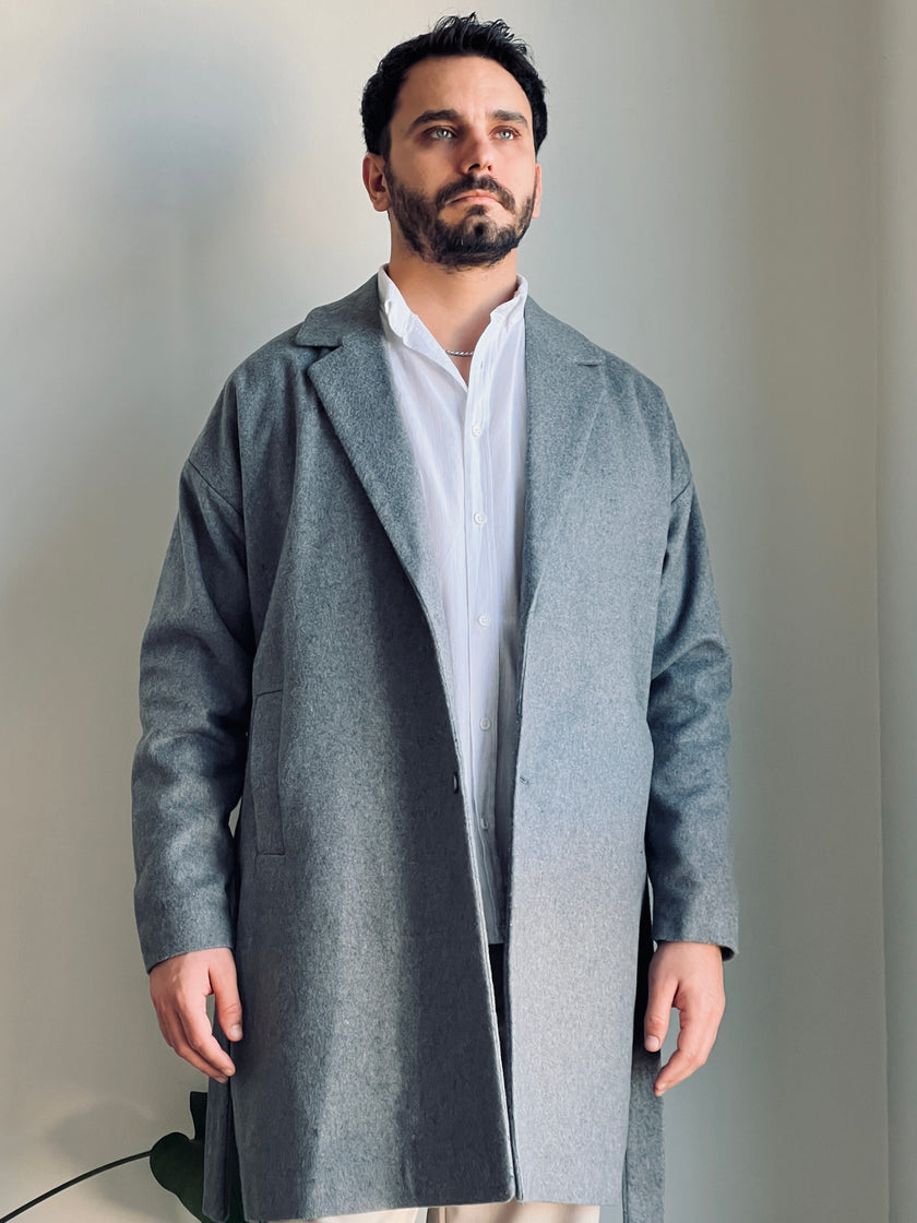 Kemerli Oversize Kaşe Kaban Gri