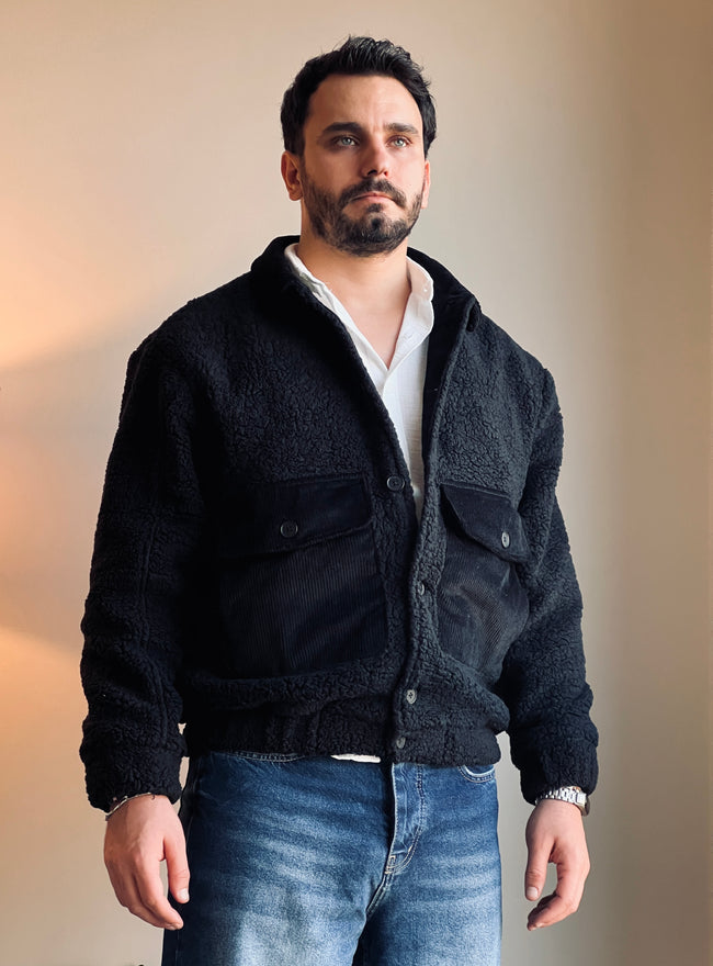 Siyah Peluş (Teddy) ve Kadife Detaylı Klasik Yaka Erkek Mont Ceket