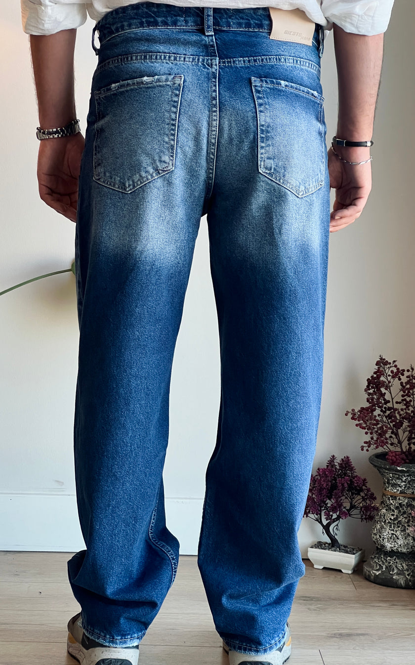 Baggy Model Taşlamalı Regular Fit Jean Pantolon - Mavi
