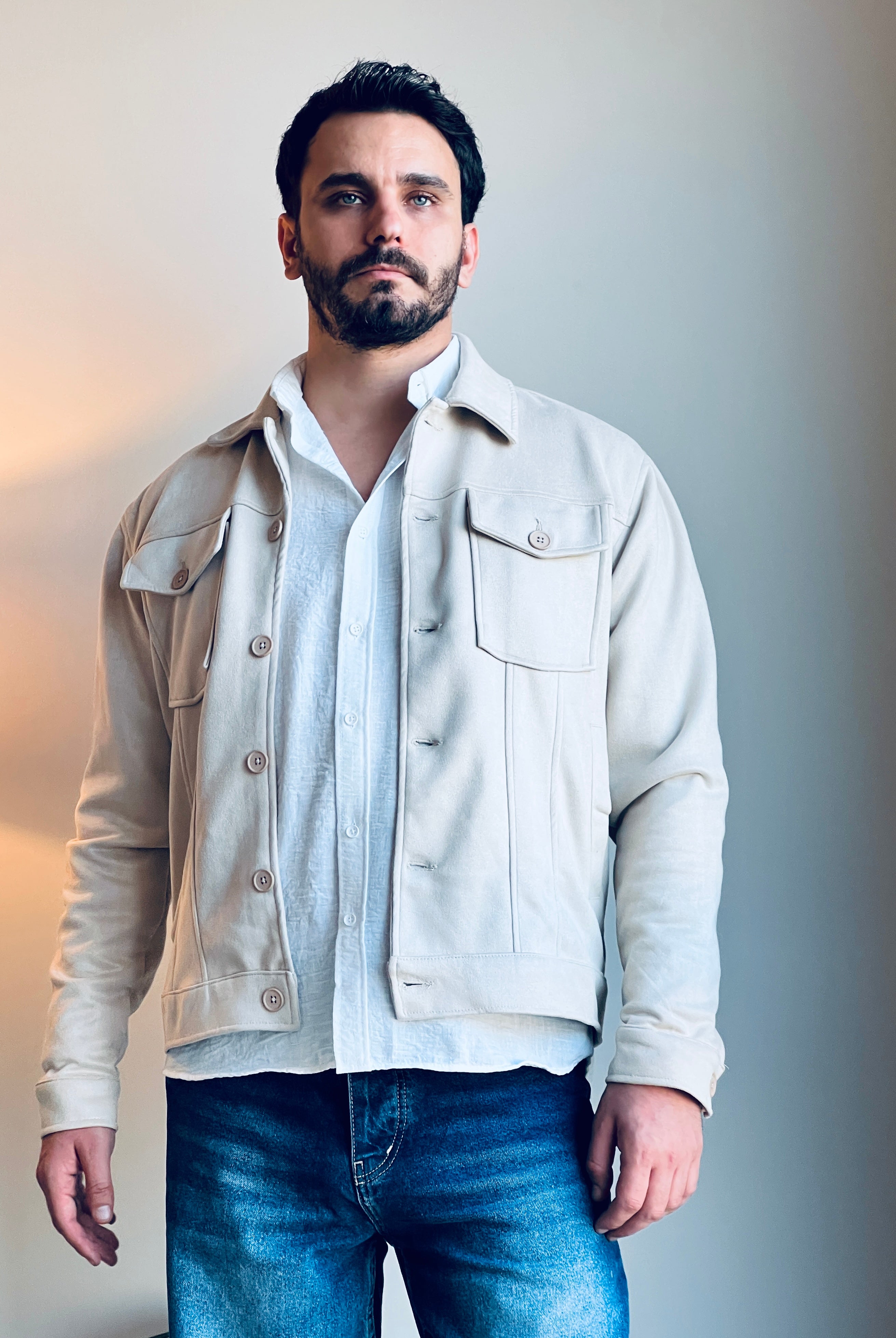 Süet Scuba Dört Cepli Regular Fit Erkek Ceket Krem