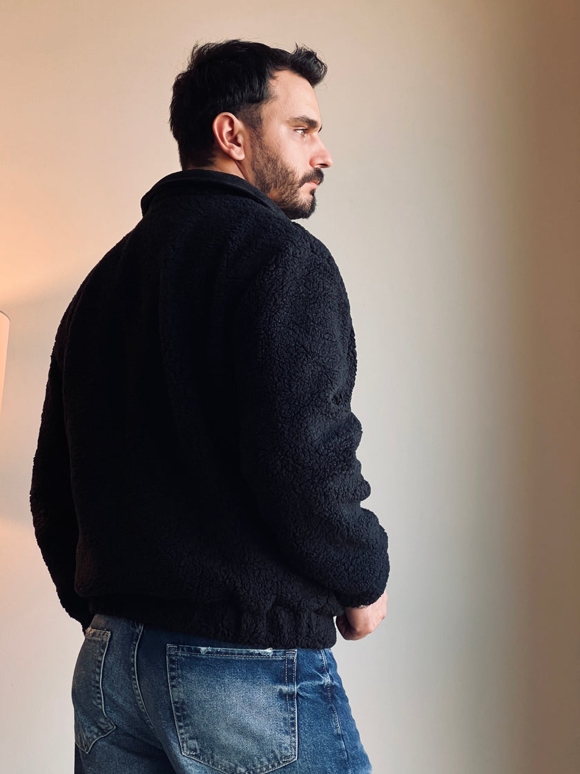 Siyah Peluş (Teddy) ve Kadife Detaylı Klasik Yaka Erkek Mont Ceket