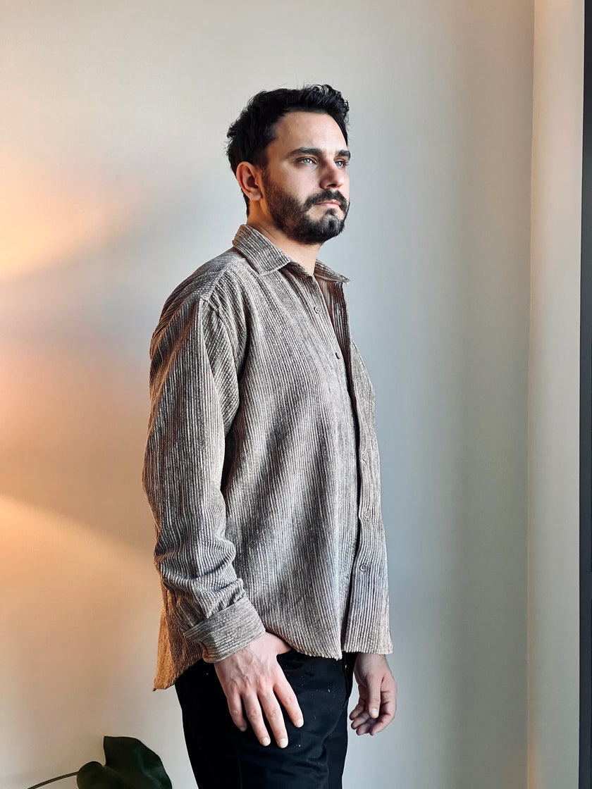 OVERSIZE EFEKTLİ KADİFE GÖMLEK BEJ