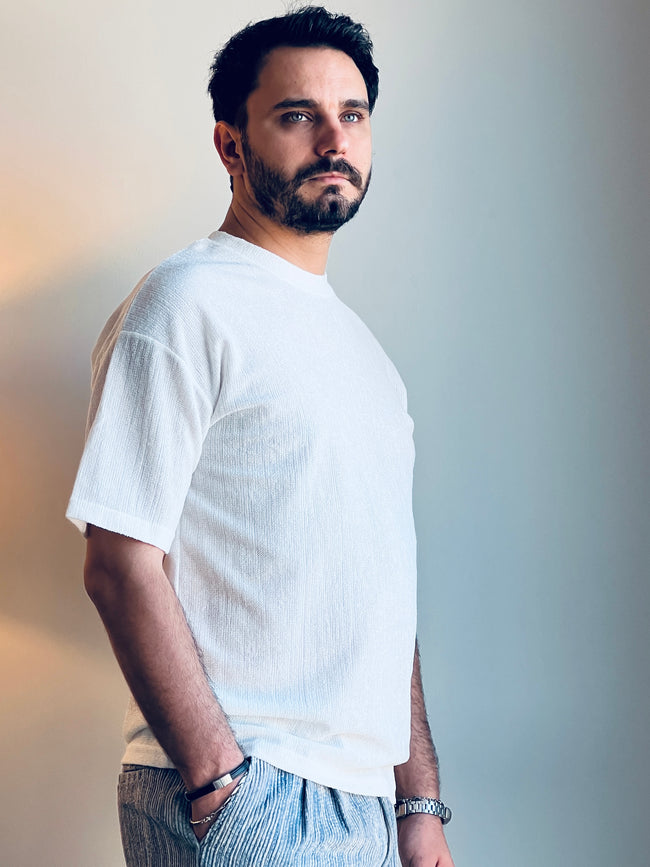 Dokulu Örme Kumaş Bisiklet Yaka Oversize Erkek Tişört Beyaz