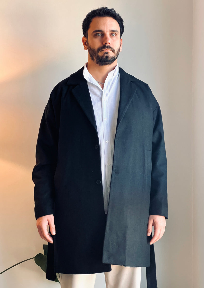 Kemerli Oversize Kaşe Kaban Siyah