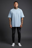 Buz Mavi Oversize Tişört – Relax Fit, Asimetrik Dikişli Modern Erkek T-Shirt