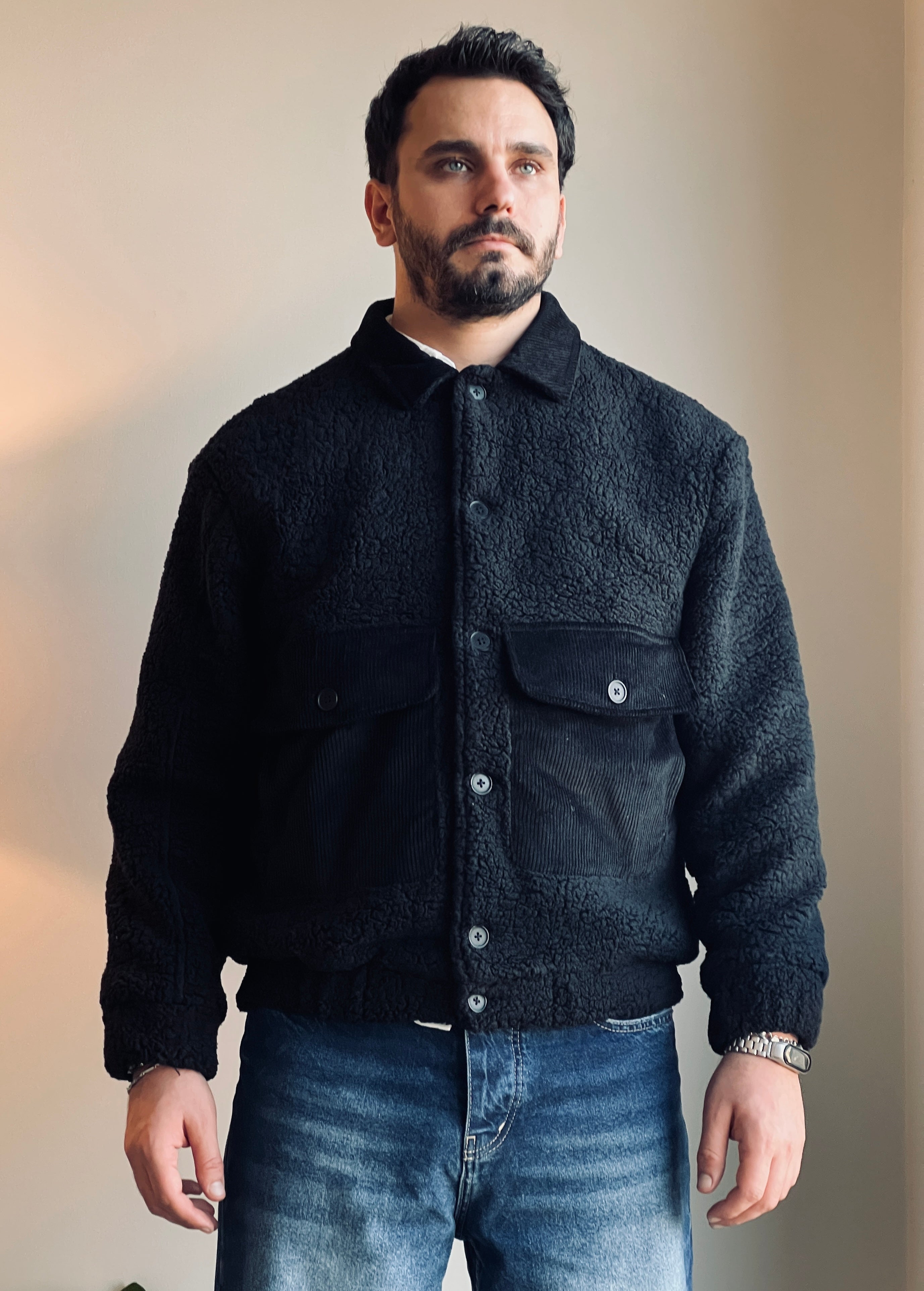 Siyah Peluş (Teddy) ve Kadife Detaylı Klasik Yaka Erkek Mont Ceket