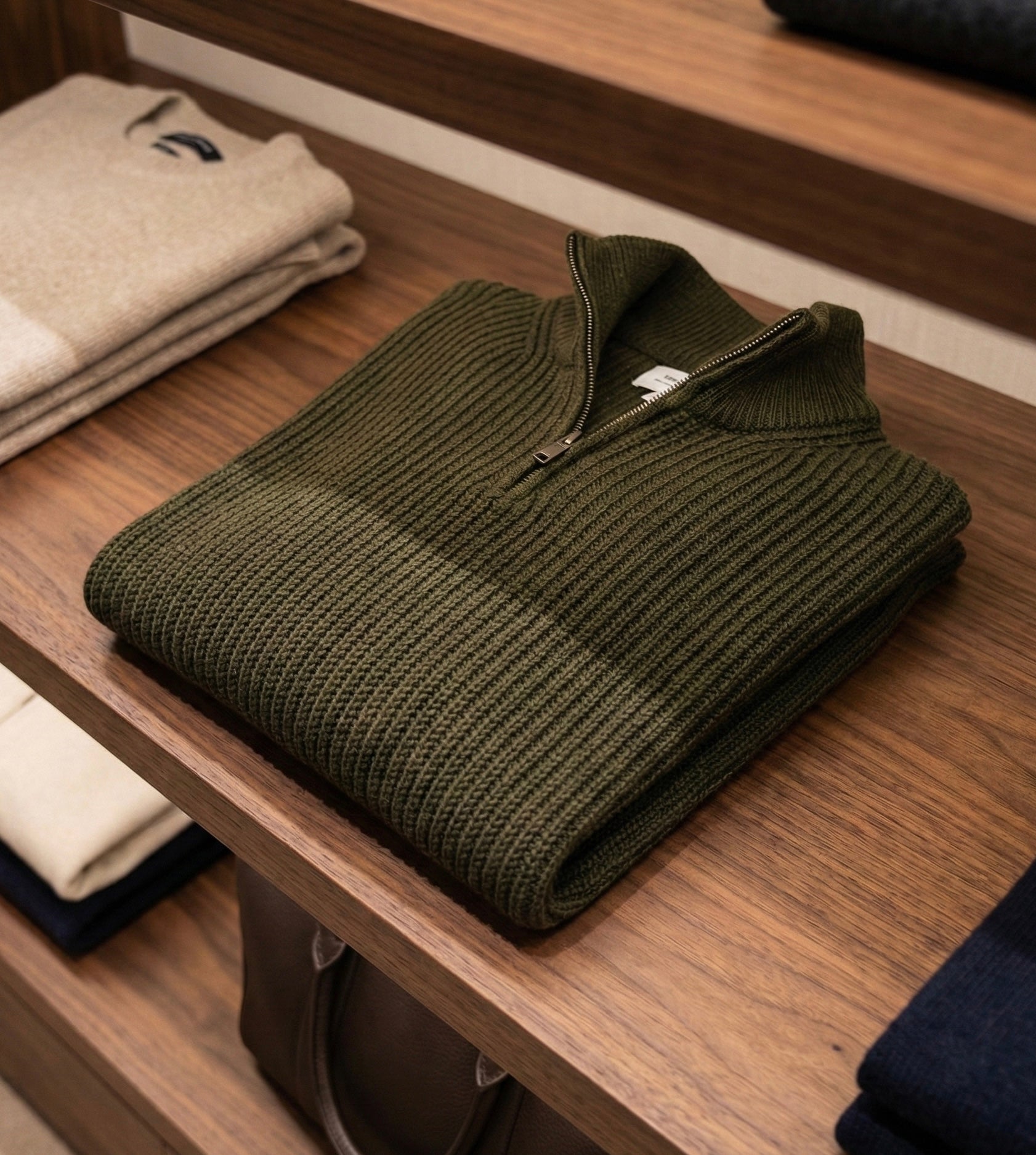 Yarım Fermuarlı Siyah Dik Yaka Kalın Fitilli Erkek Triko Kazak Haki