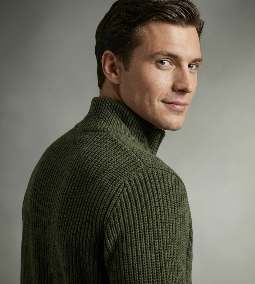 Yarım Fermuarlı Siyah Dik Yaka Kalın Fitilli Erkek Triko Kazak Haki