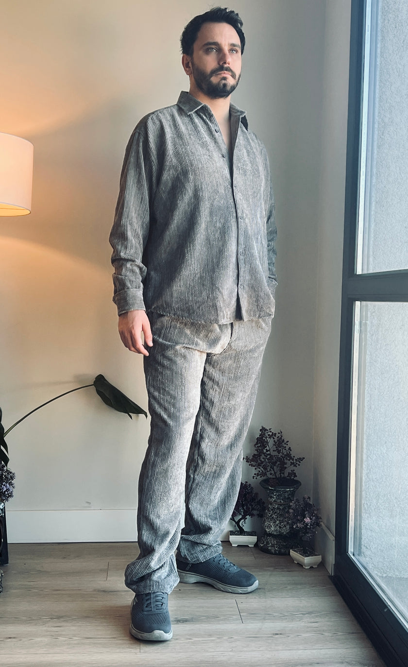 OVERSIZE EFEKTLİ KADİFE GÖMLEK ANTRASİT