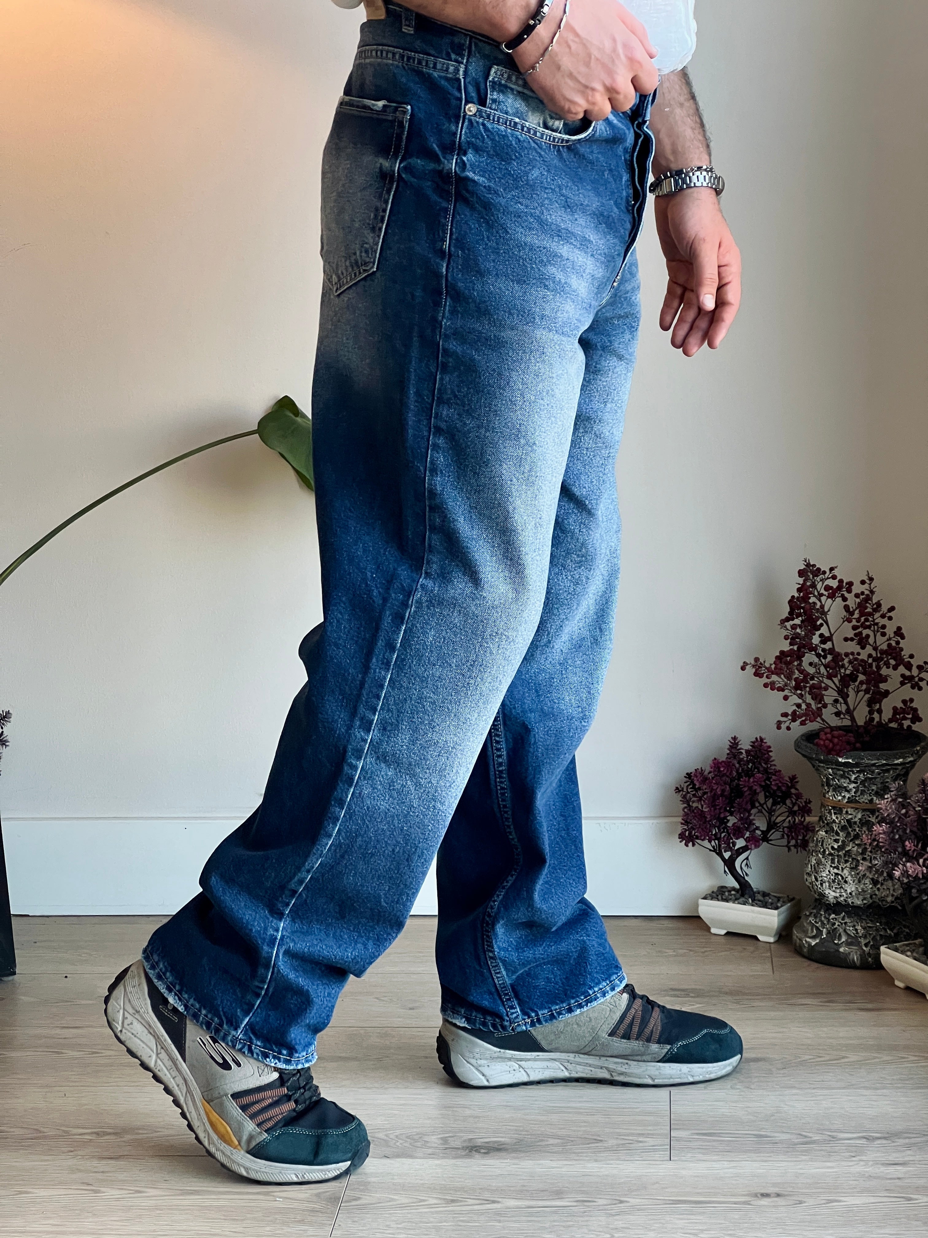 Baggy Model Taşlamalı Regular Fit Jean Pantolon - Mavi