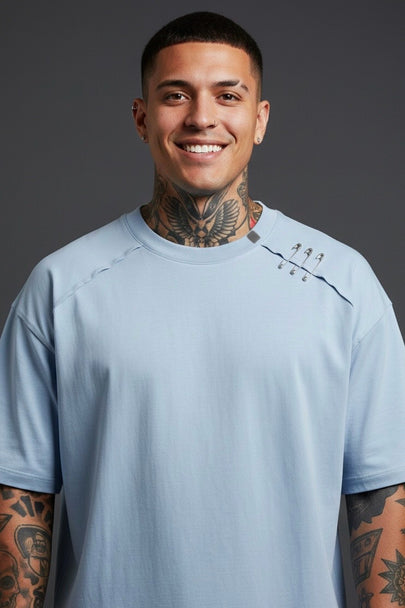 Ice Blue Oversized T-Shirt – Relax Fit, Asymmetrical Stitched Modern Men's T-Shirt