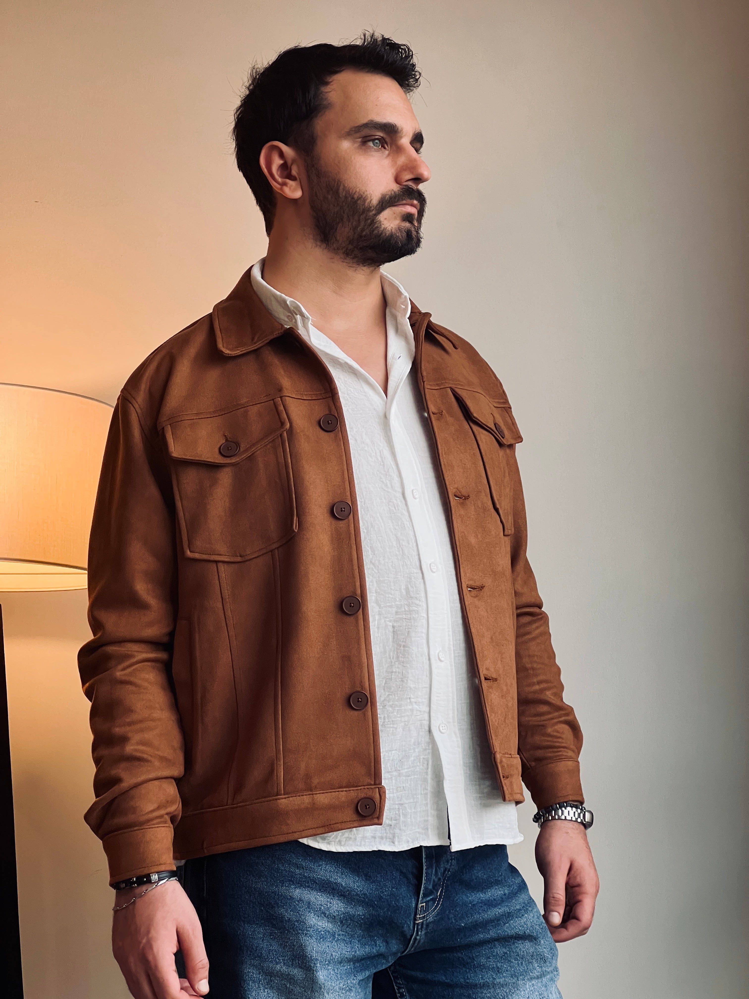 Süet Scuba Dört Cepli Regular Fit Erkek Ceket Tarçın