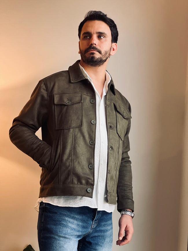 Süet Scuba Dört Cepli Regular Fit Erkek Ceket Haki