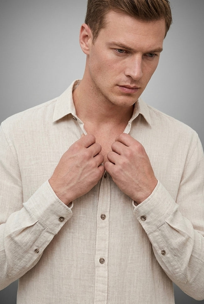 Bej Keten Görünümlü Erkek Gömlek