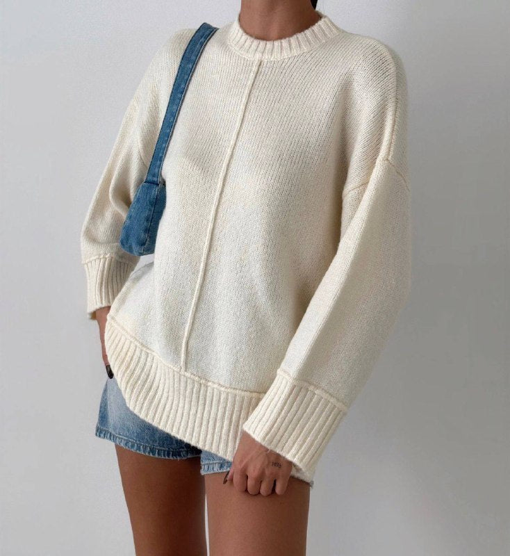 Dikiş Detaylı Krem Oversize Bisiklet Yaka Bol Kesim Kadın Triko Kazak