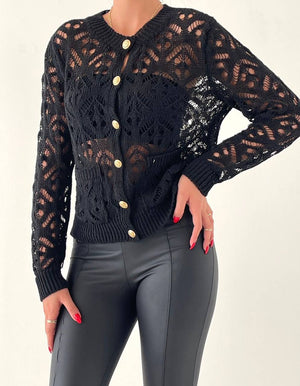 Altın Düğmeli Siyah Ajurlu Mevsimlik Triko Hırka