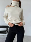 One Shoulder Cut-Out Detailed Cream Turtleneck Women's Knitwear Sweater