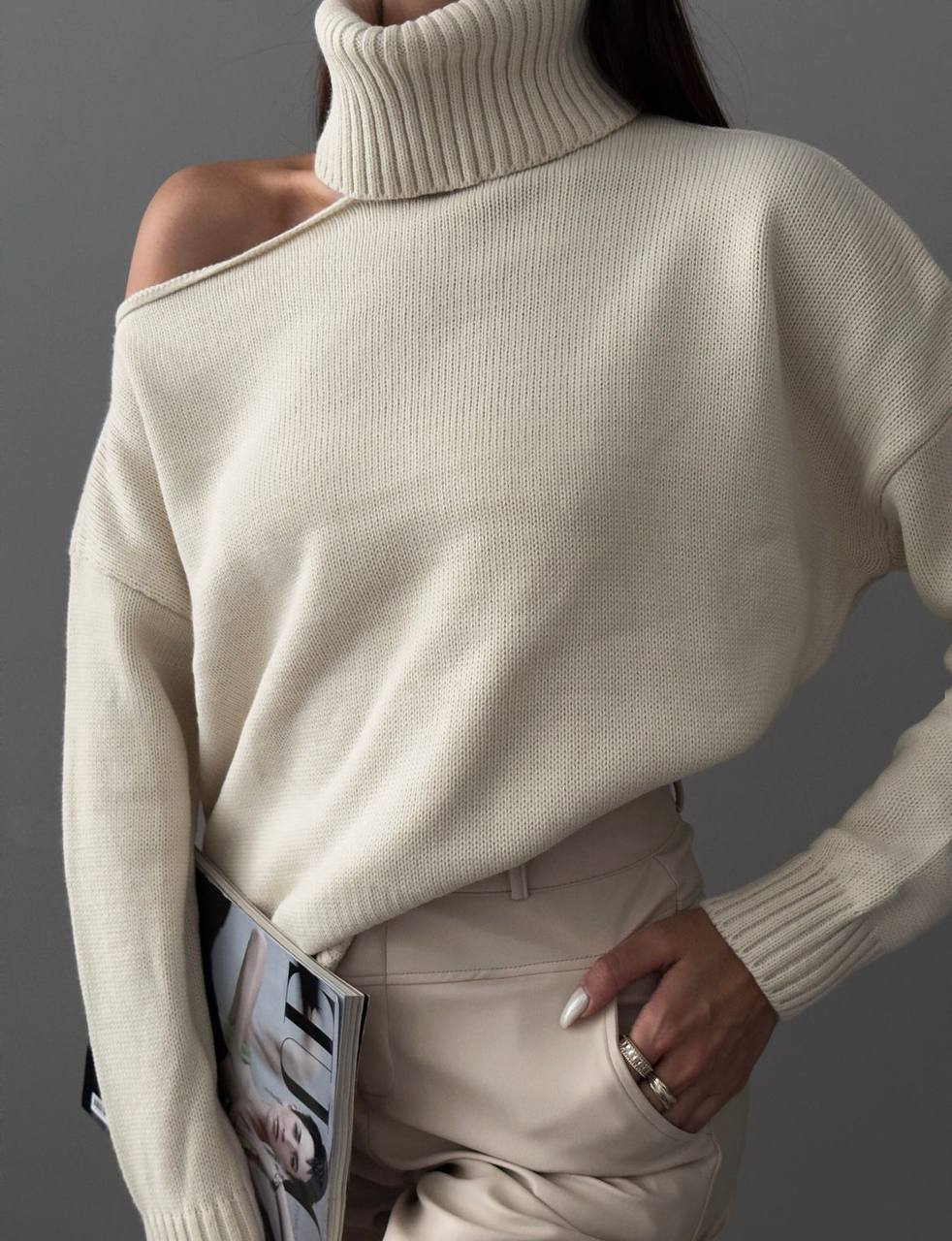 One Shoulder Cut-Out Detailed Cream Turtleneck Women's Knitwear Sweater