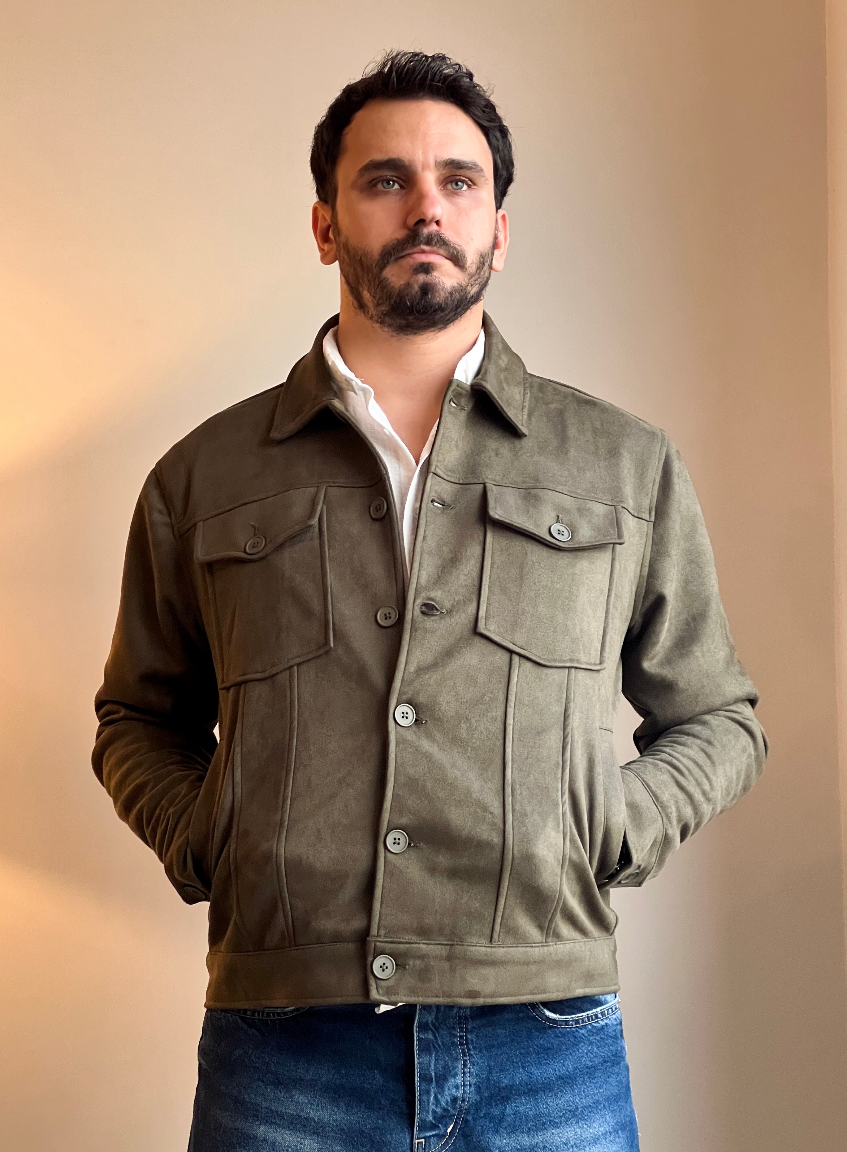 Süet Scuba Dört Cepli Regular Fit Erkek Ceket Haki