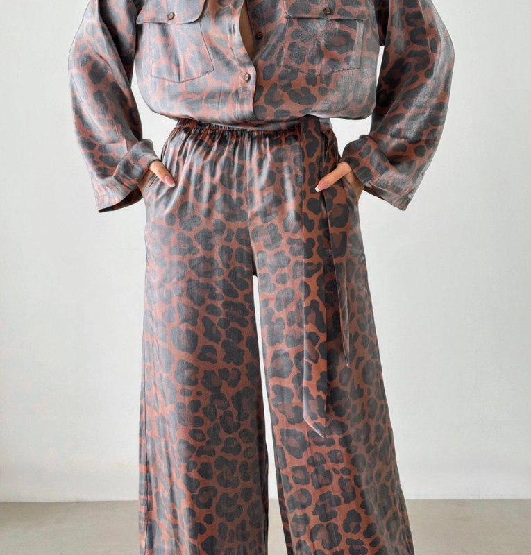 Yüksek Bel Leopar Desenli Saten Bol Paça Kadın Pantolon