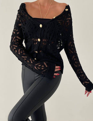 Altın Düğmeli Siyah Ajurlu Mevsimlik Triko Hırka