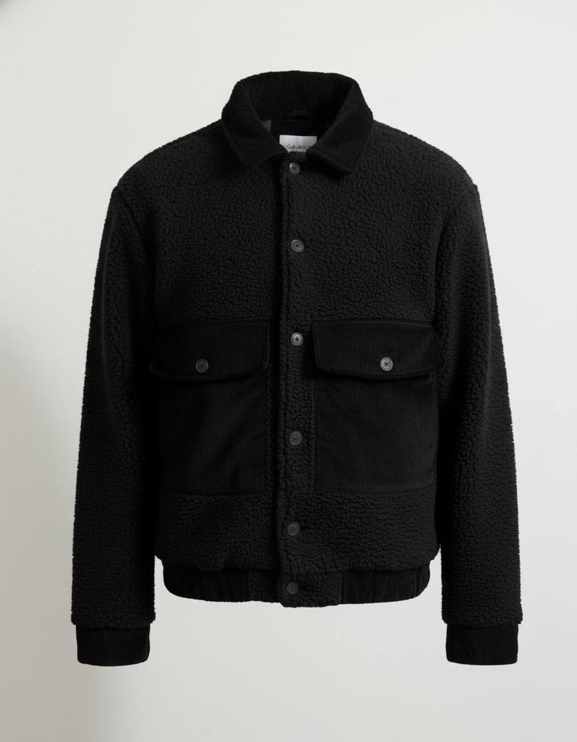 Black Plush (Teddy) and Velvet Detailed Classic Collar Men's Coat Jacket