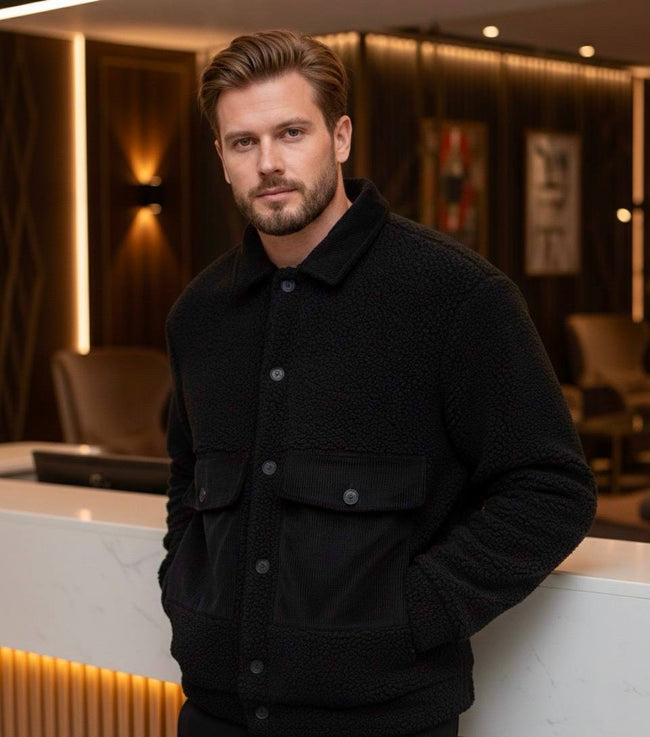 Black Plush (Teddy) and Velvet Detailed Classic Collar Men's Coat Jacket