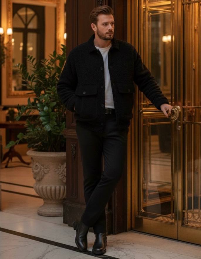 Black Plush (Teddy) and Velvet Detailed Classic Collar Men's Coat Jacket