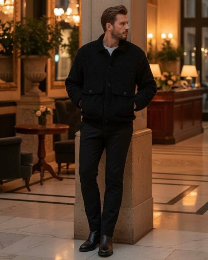 Black Plush (Teddy) and Velvet Detailed Classic Collar Men's Coat Jacket