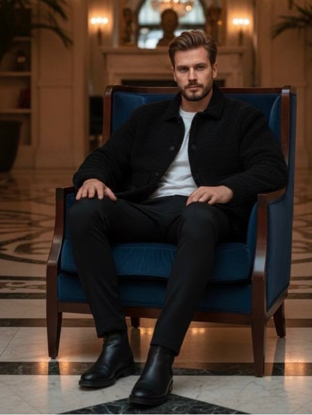 Black Plush (Teddy) and Velvet Detailed Classic Collar Men's Coat Jacket