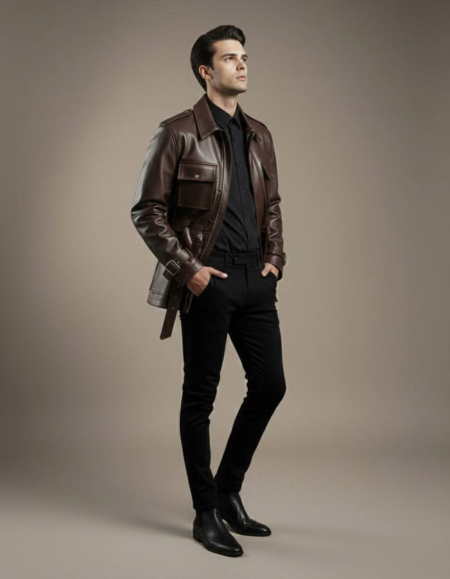 BELT-PLATED LEATHER PARKA JACKET