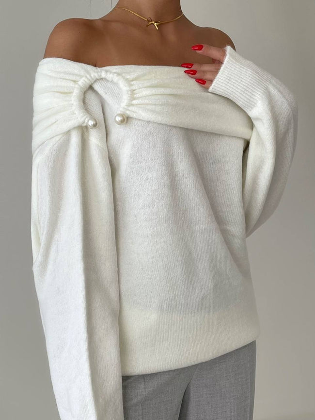 İnci Detaylı Düşük Omuz Kayık Yaka Ekru Kadın Triko Kazak