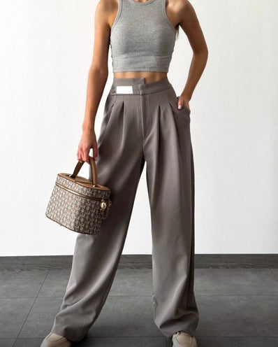 Yüksek Bel Pileli Kemer Bol Paça Wide Leg Kadın Kumaş Pantolon