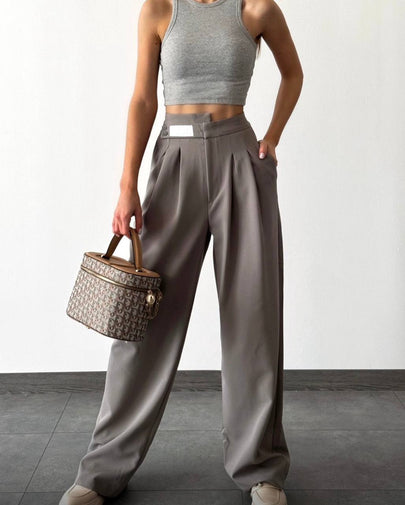 Yüksek Bel Pileli Kemer Bol Paça Wide Leg Kadın Kumaş Pantolon