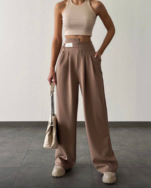 Yüksek Bel Pileli Kemer Bol Paça Wide Leg Kadın Kumaş Pantolon