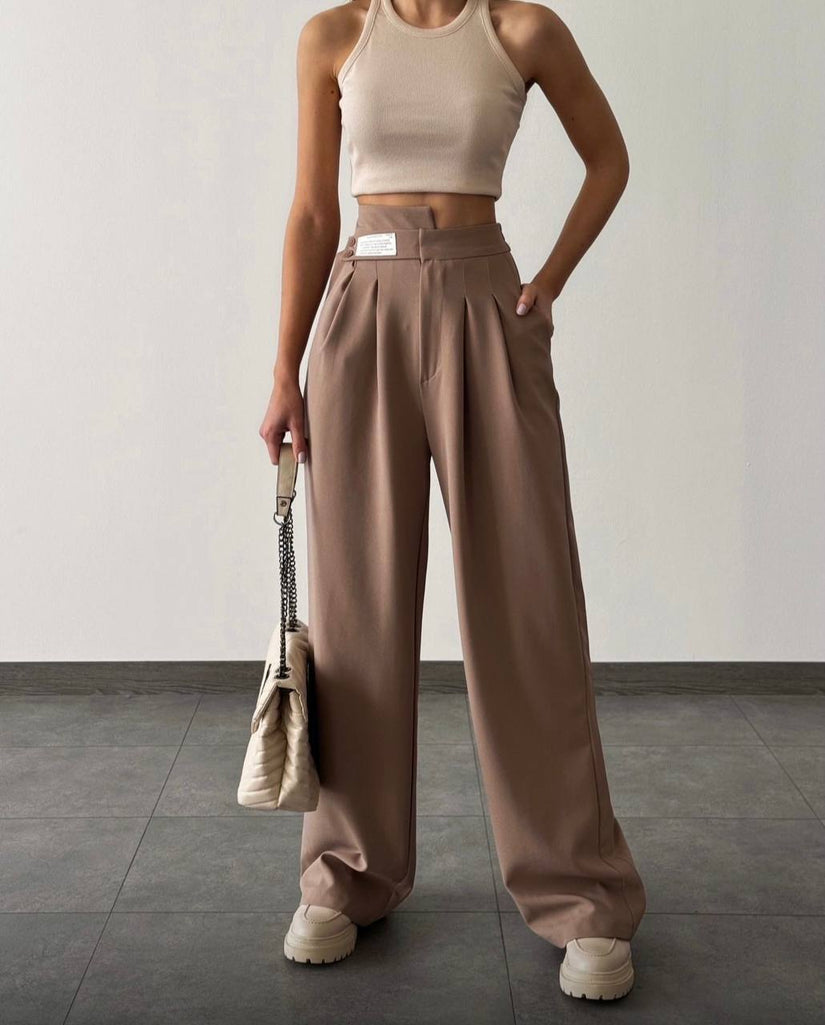 Yüksek Bel Pileli Kemer Bol Paça Wide Leg Kadın Kumaş Pantolon