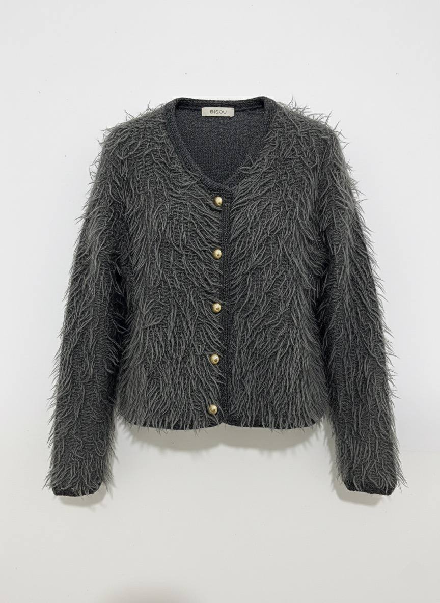 Tüylü Doku V Yaka Gold Düğmeli Örme Triko Hırka