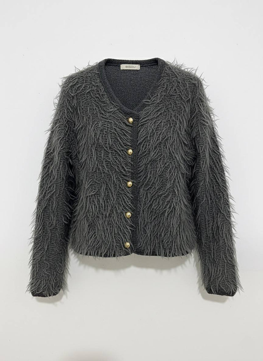 Tüylü Doku V Yaka Gold Düğmeli Örme Triko Hırka