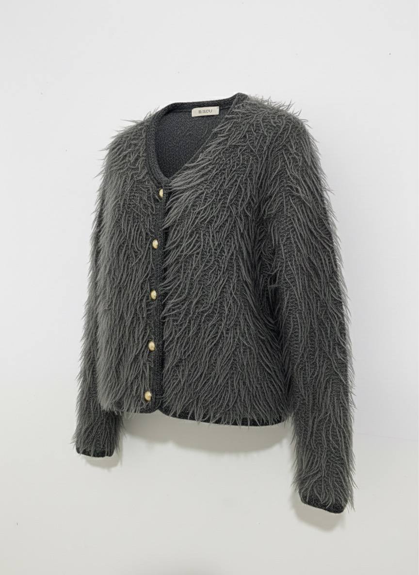 Tüylü Doku V Yaka Gold Düğmeli Örme Triko Hırka