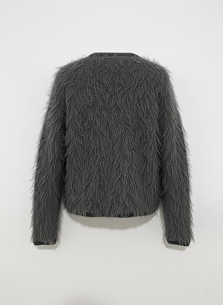 Tüylü Doku V Yaka Gold Düğmeli Örme Triko Hırka