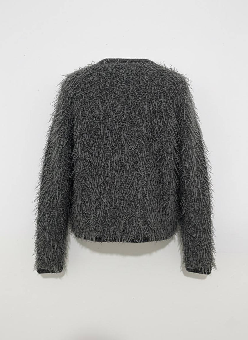 Tüylü Doku V Yaka Gold Düğmeli Örme Triko Hırka