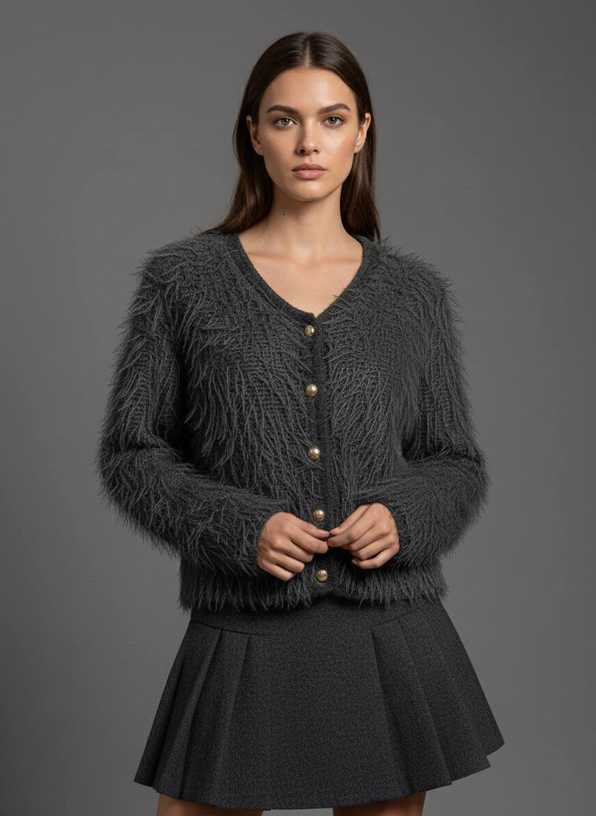 Tüylü Doku V Yaka Gold Düğmeli Örme Triko Hırka