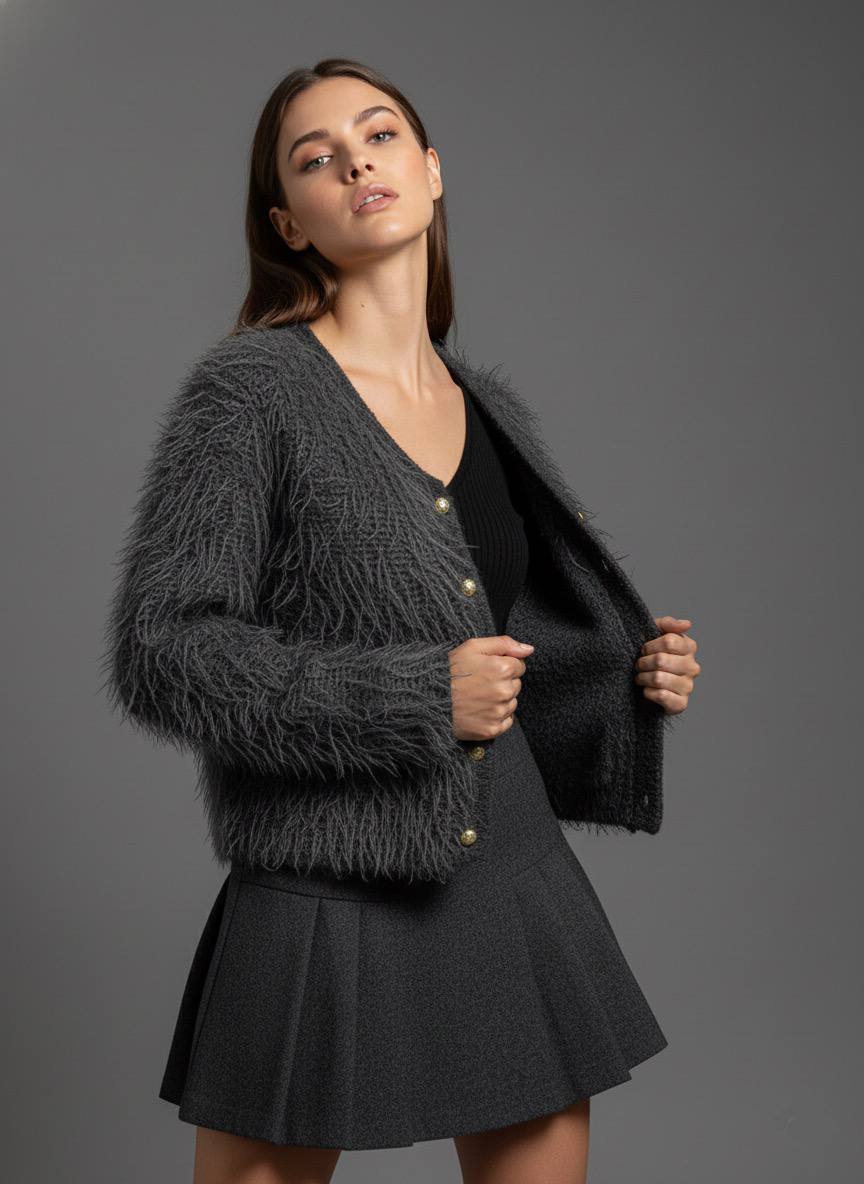 Tüylü Doku V Yaka Gold Düğmeli Örme Triko Hırka