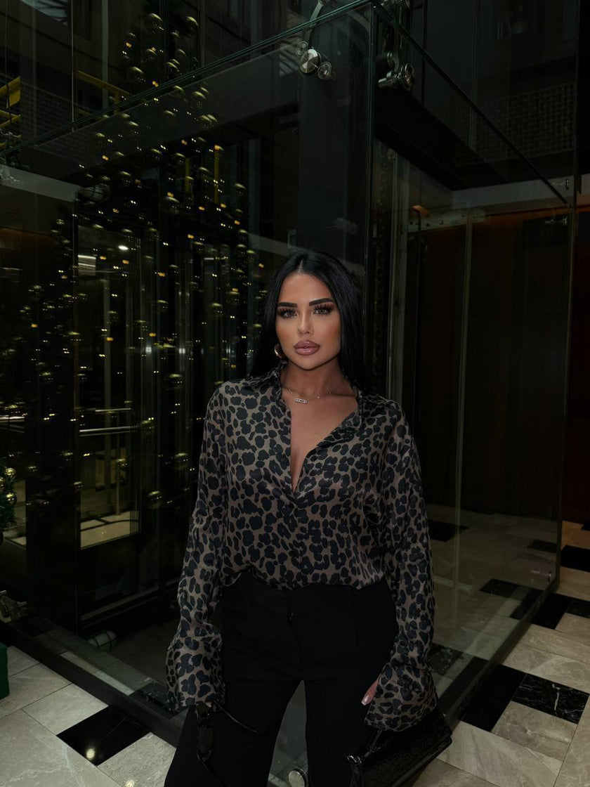 Kahve Siyah Leopar Desenli Saten Klasik Yaka Kadın Gömlek