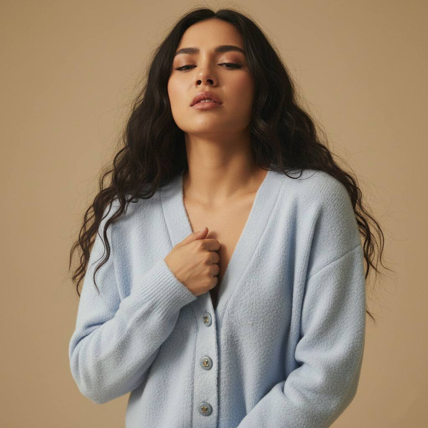 Bebe Mavisi Oversize V Yaka Lüks Düğmeli Salaş Premium Örgü Peluş Dokulu Hırka