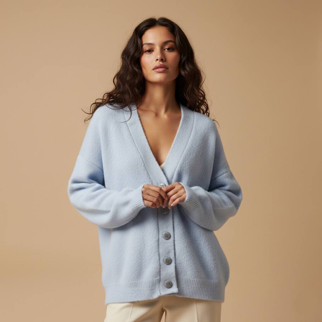 Bebe Mavisi Oversize V Yaka Lüks Düğmeli Salaş Premium Örgü Peluş Dokulu Hırka